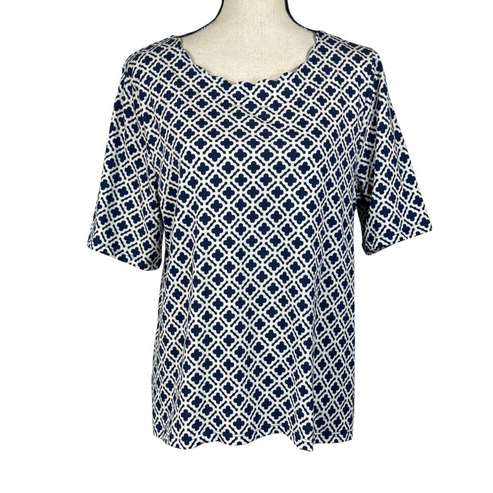 Talbots Petite X-Large Top Geometric Scalloped Round Neck Short Sleeve Stretch